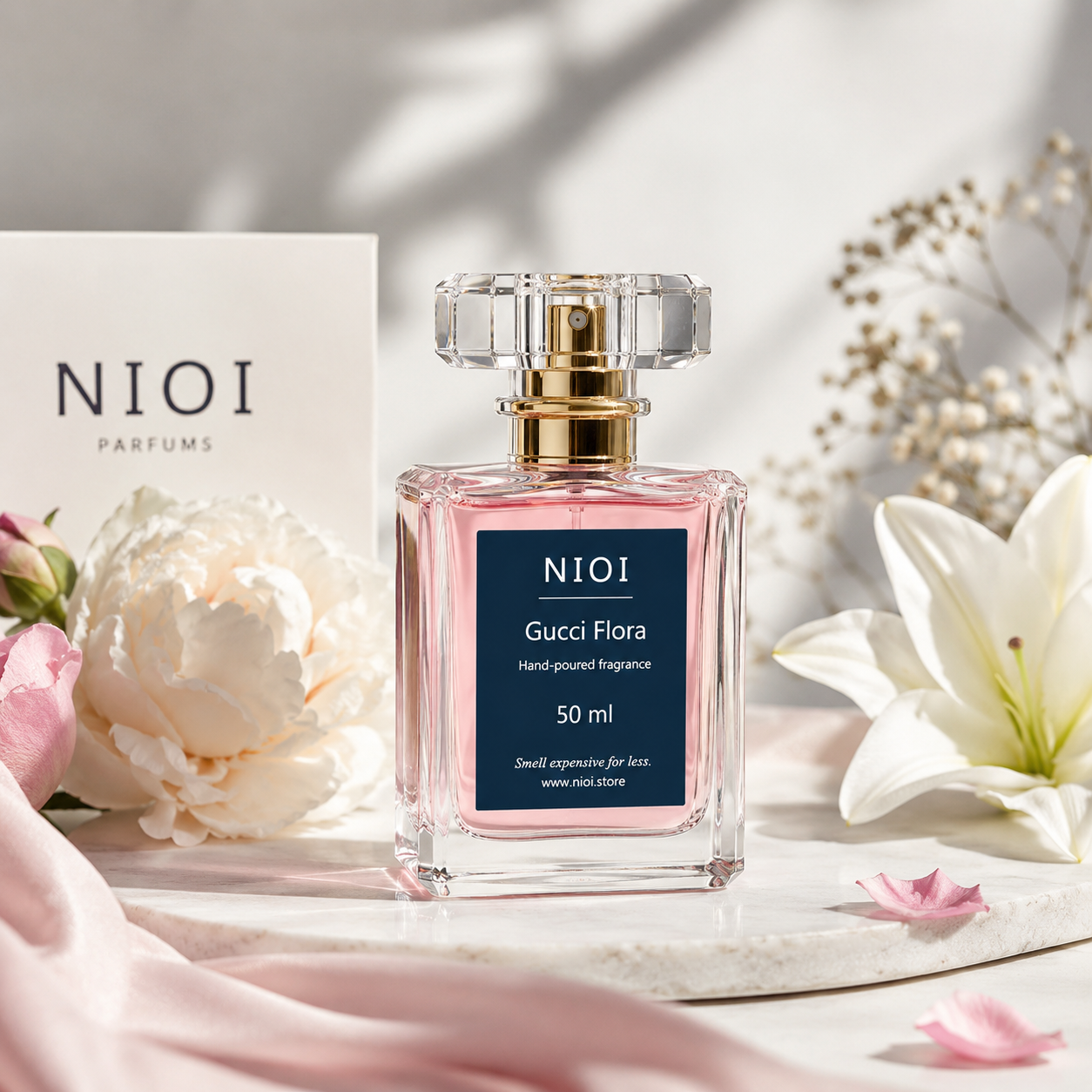 NIOI Gucci Flora perfume bottle with flowers on a light background